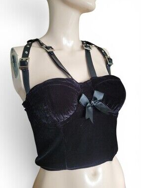 Black Velvet Gothic Bustier Satin Bow Skull Charm Buckle Straps  Black Small